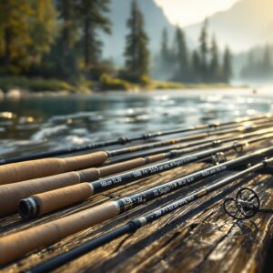 Multiple fly fishing rods on wooden dock with fly rod weights chart specifications visible, angler choosing rod by stream