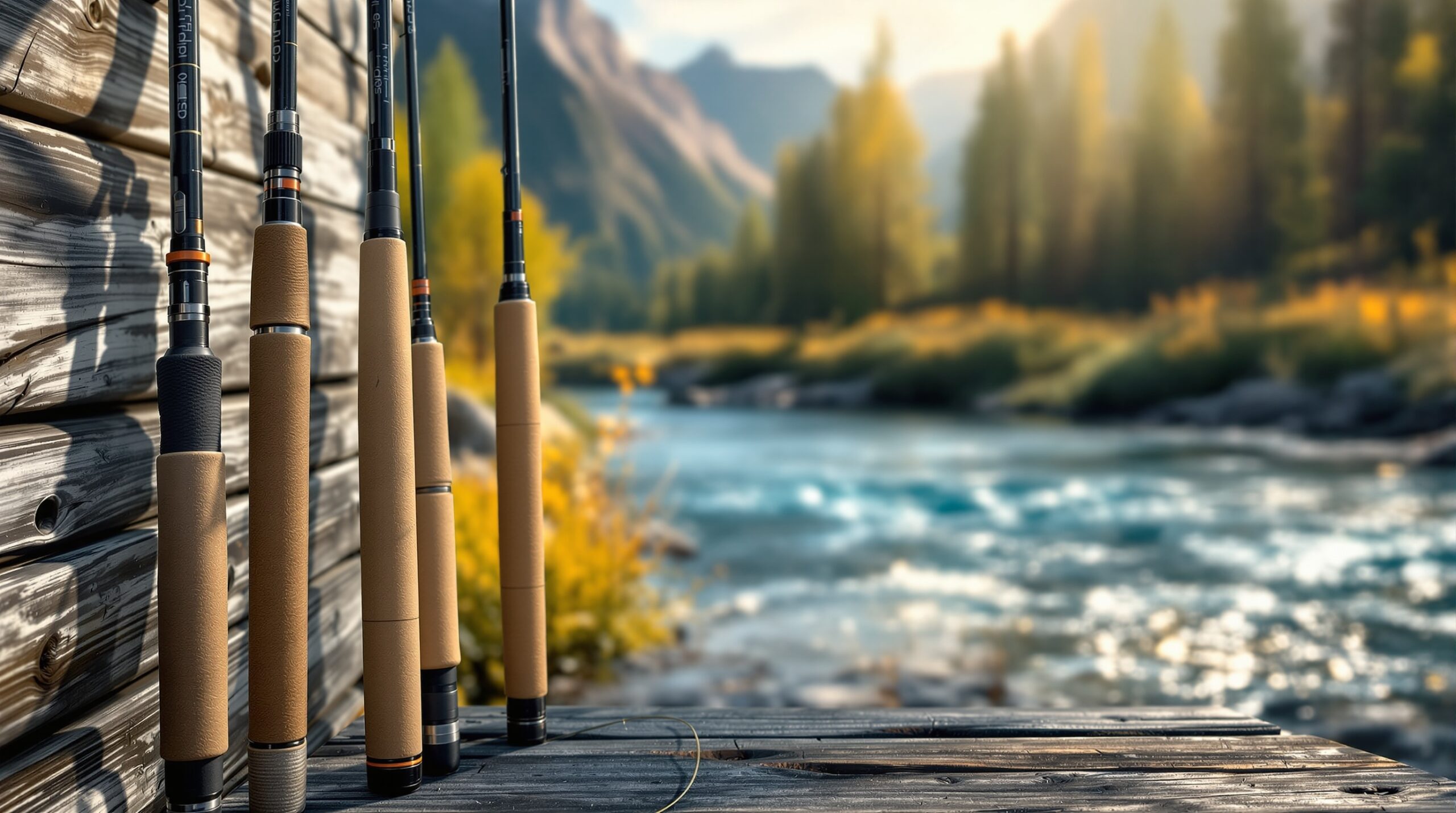 Multiple fly fishing rod weights of varying thicknesses lined up on wooden dock beside mountain river in natural light