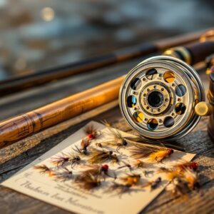 Vintage fly fishing equipment collection with bamboo rod, brass reel, and hand-tied flies on rustic wood surface