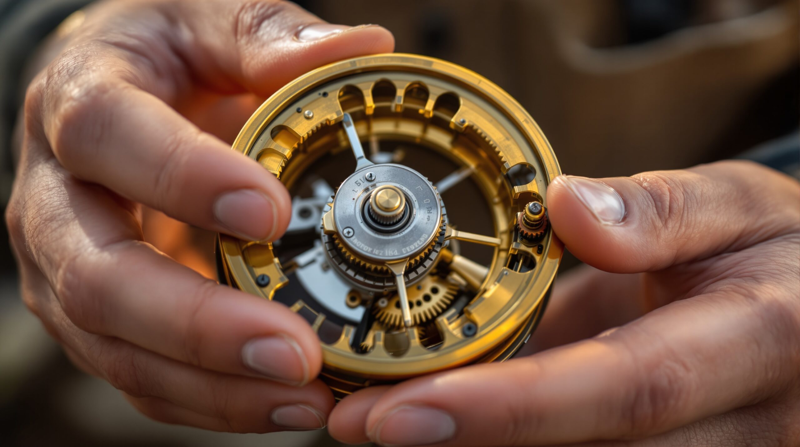 Experienced hands inspecting vintage fly reel mechanism, testing gears and drag system for functionality
