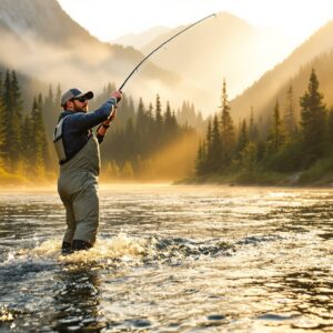 Fly fisherman in chest-high waders casting in mountain river with misty peaks and evergreen trees in background