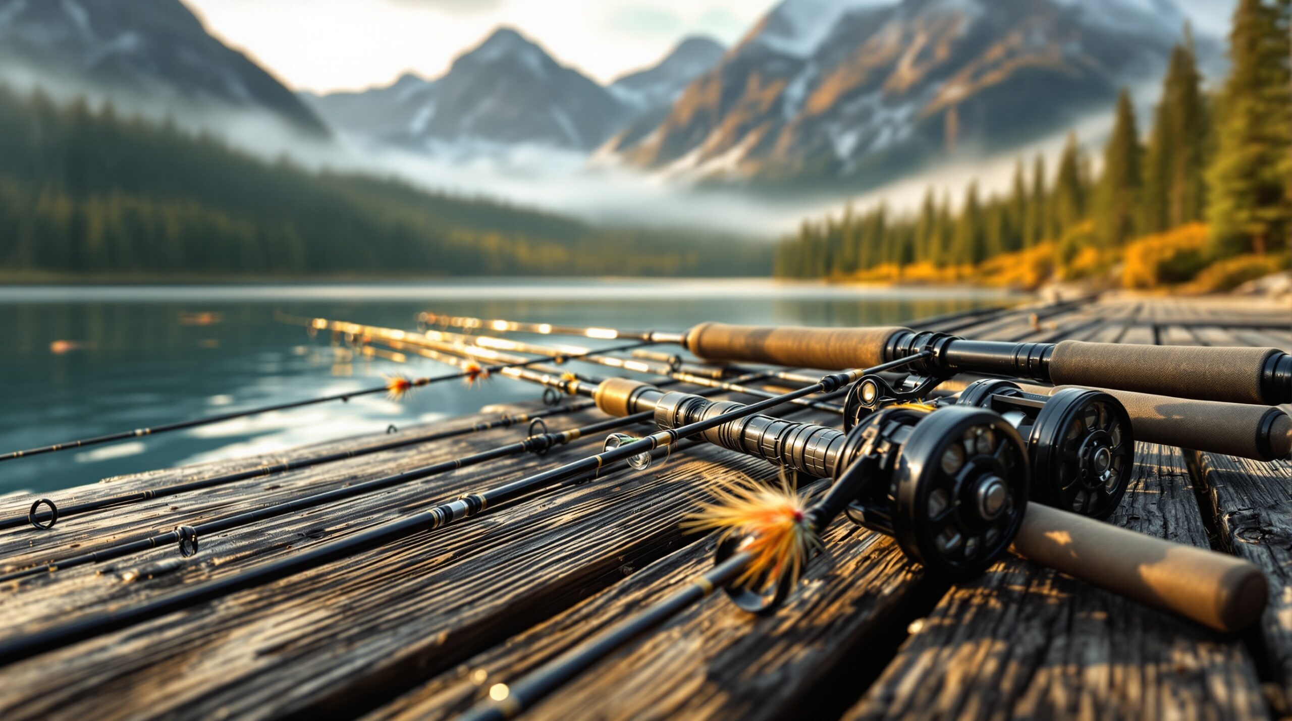 Various Fishing Rods On Dock Multiple fly fishing rods of different weights displayed on wooden dock beside mountain lake at golden hour