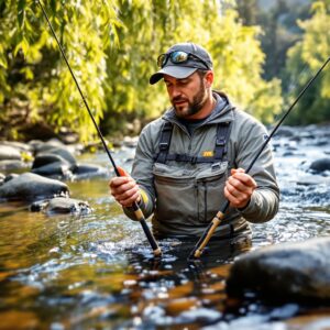 Angler in mountain stream comparing two different fly rod weights for trout fishing decision