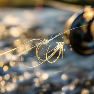 Broken Fly Fishing Tippet with Characteristic PigTail End Showing Line Failure on River | Hooked on Fly Fishing Close up of broken fly fishing tippet with curly pig tail end against blurred river water background