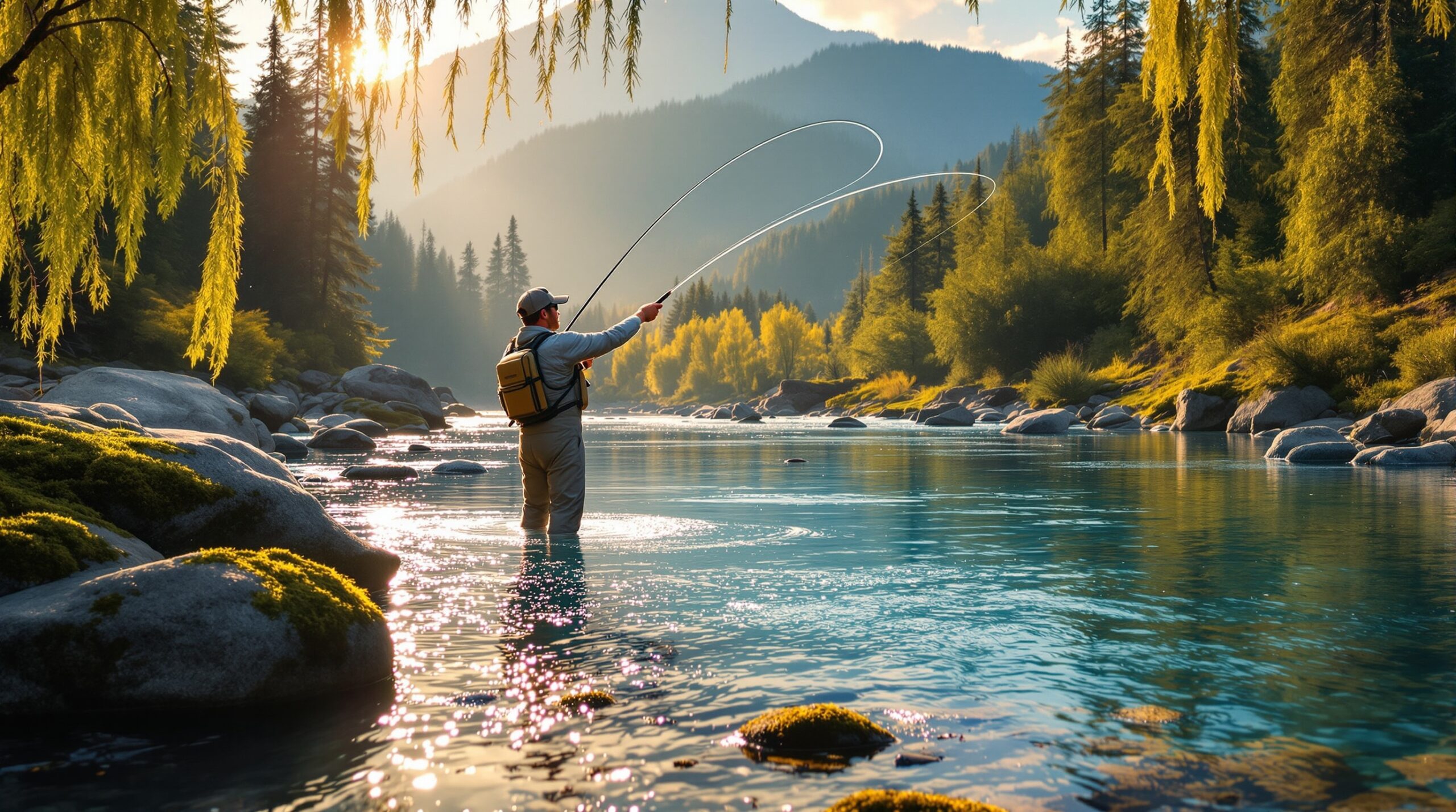 Beginner fly fisherman casting in mountain stream with golden hour lighting and pine hills in background