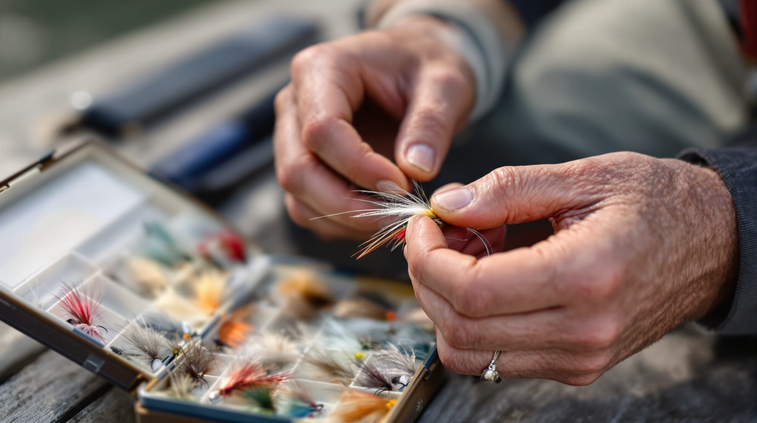 Experienced angler's hands tying a dry fly to tippet with open fly box nearby, demonstrating fly fishing technique