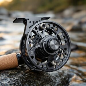 Premium machined aluminum large arbor fly fishing reel mounted on cork-handled fly rod, featuring perforated arbor design and anodized finish, photographed in golden morning light with blurred river background.