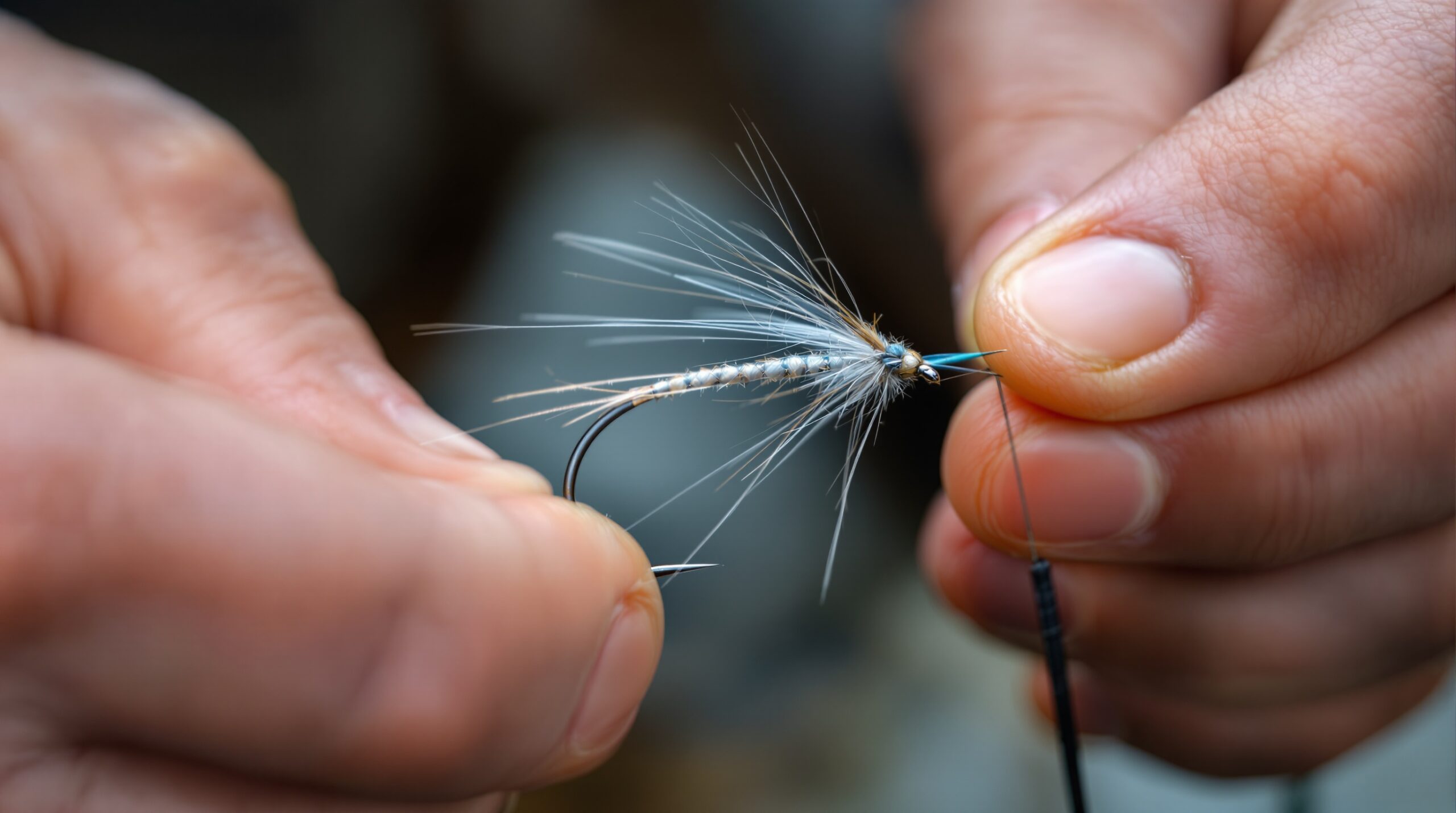 Expert angler's hands tying intricate dry fly to ultra-fine tippet with precision tools for selective trout fishing