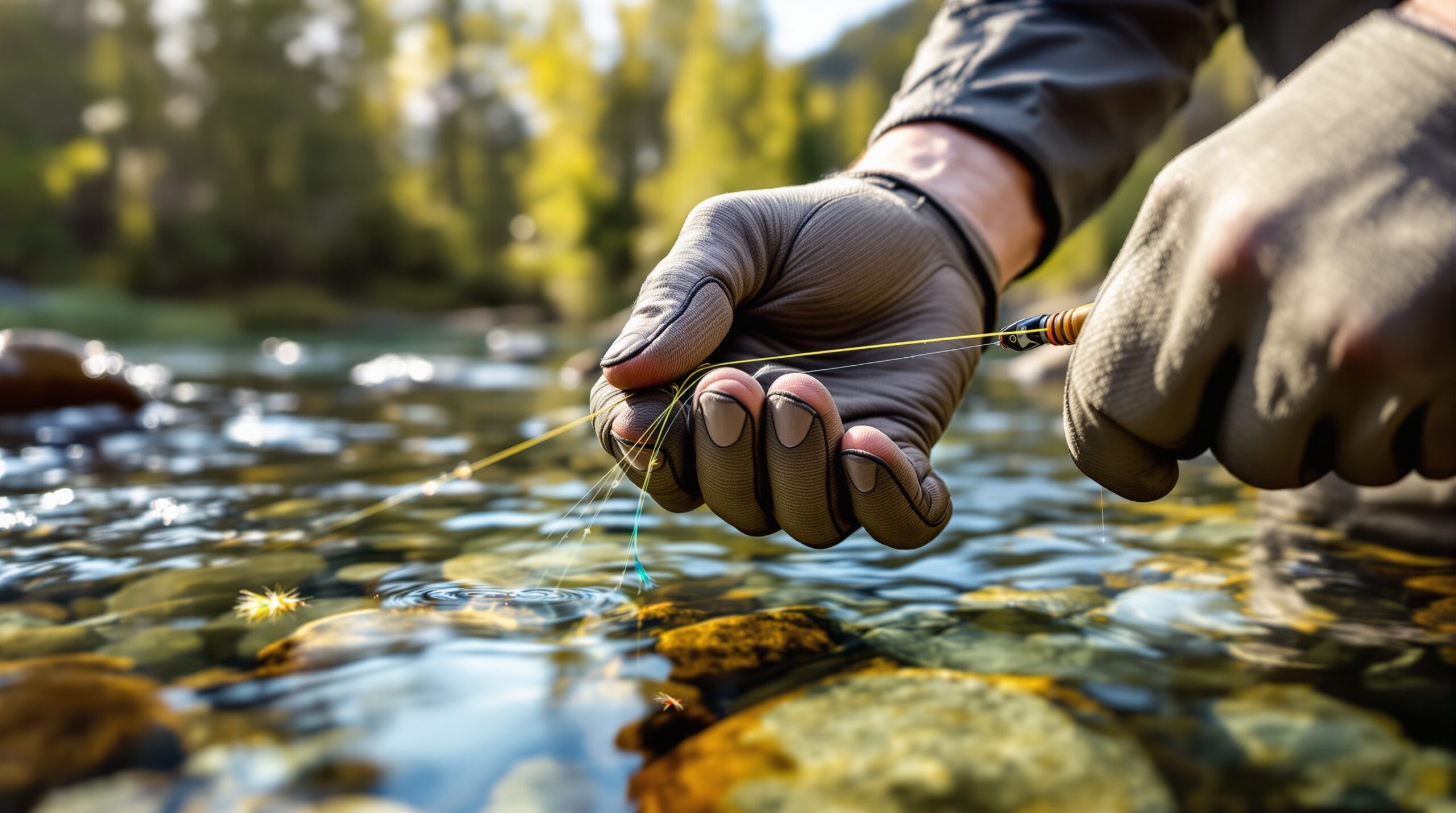 Angler demonstrating tight-line nymphing technique with competition line visible between rod tip and mountain stream water