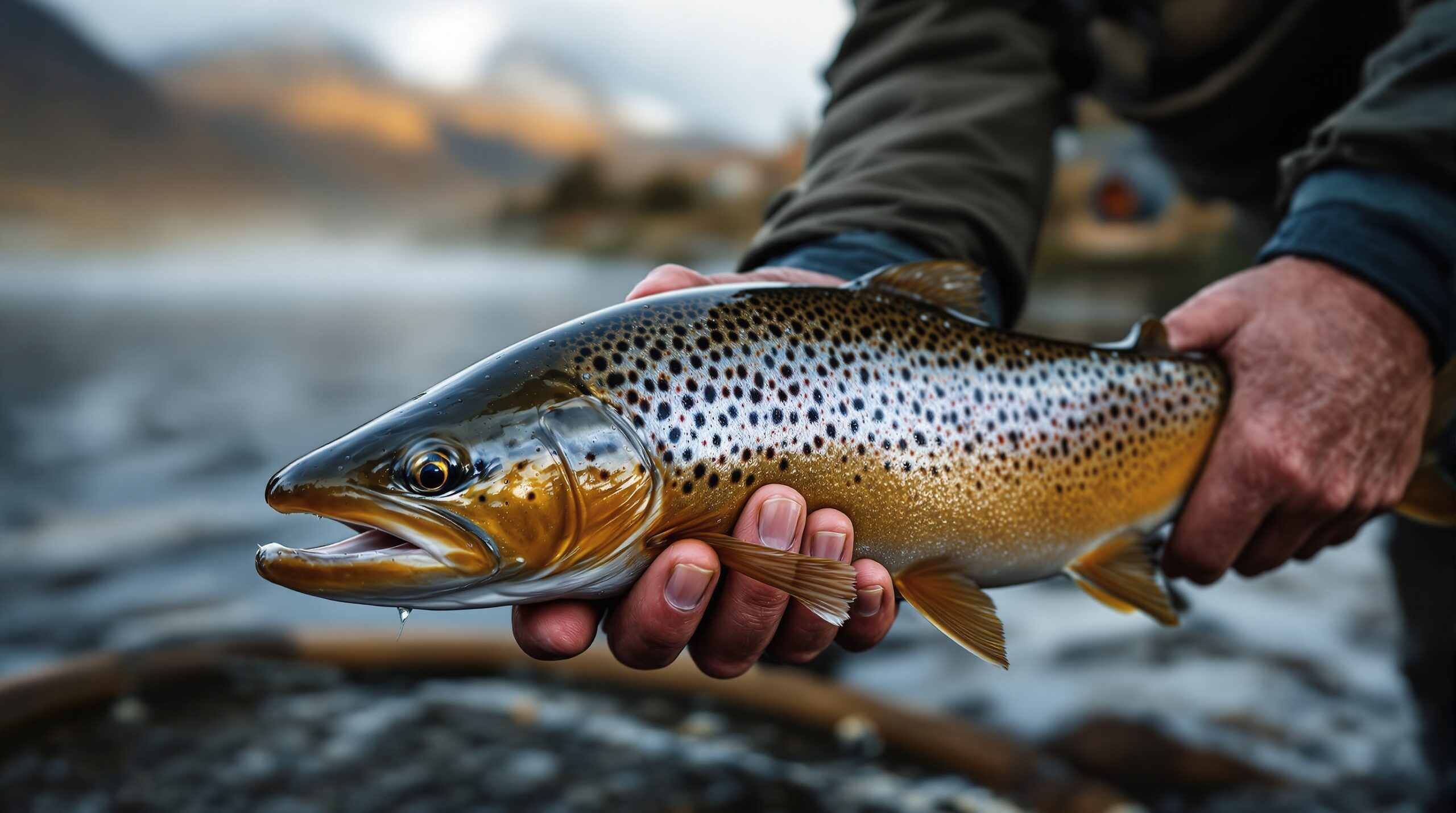 Angler's hands holding fresh-caught brown trout with fly fishing rod, Patagonian lodge visible in background