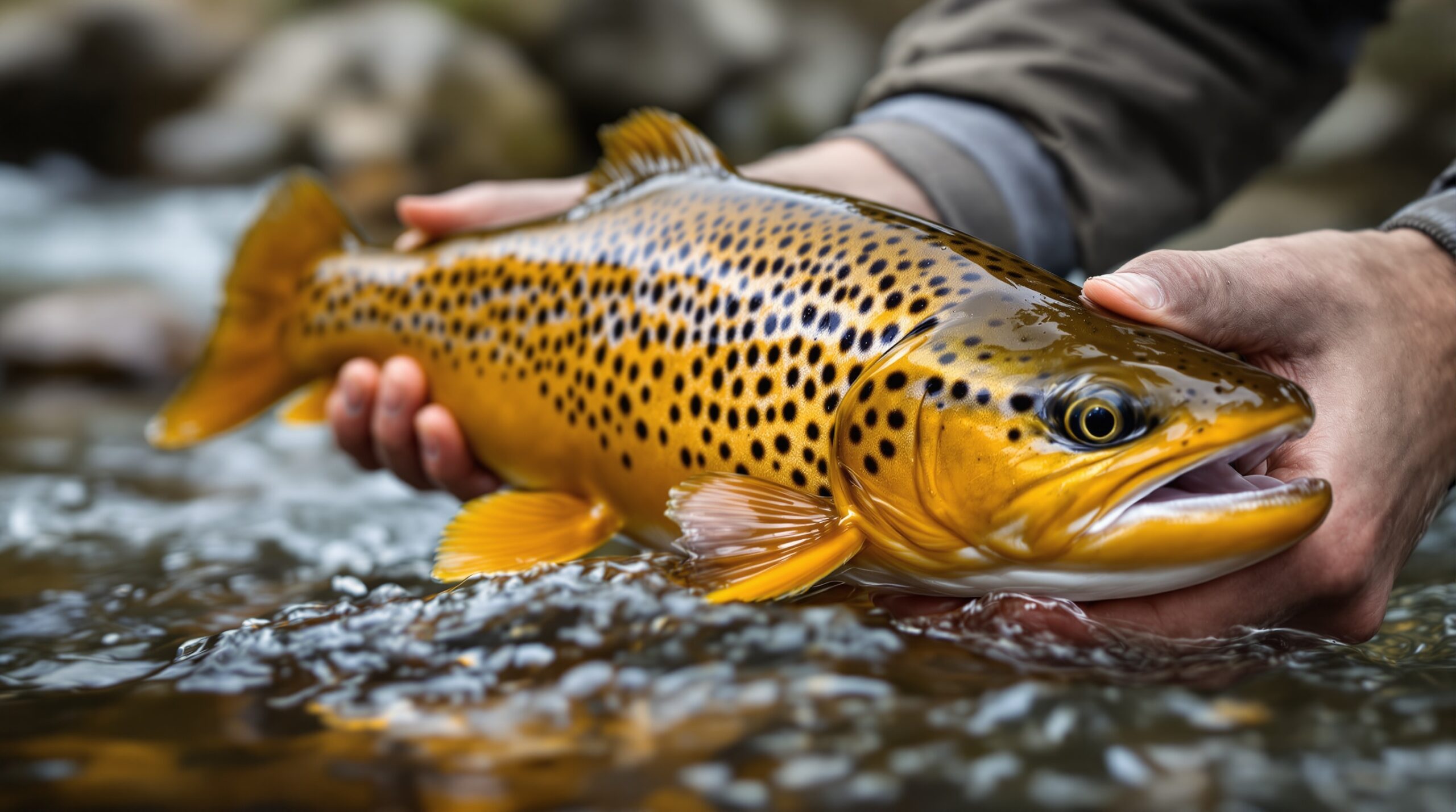Angler releasing large brown trout in Patagonian stream, showcasing trophy fishing at Argentina fly fishing lodges