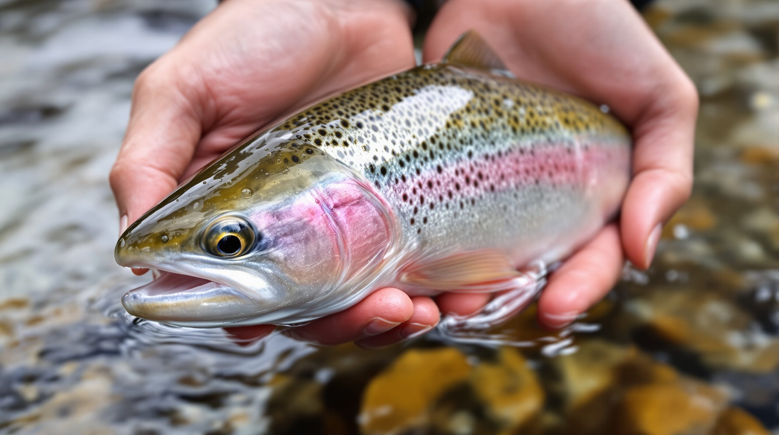 Rainbow trout held in cupped hands above mountain stream water, showing vibrant pink and silver scales with spots