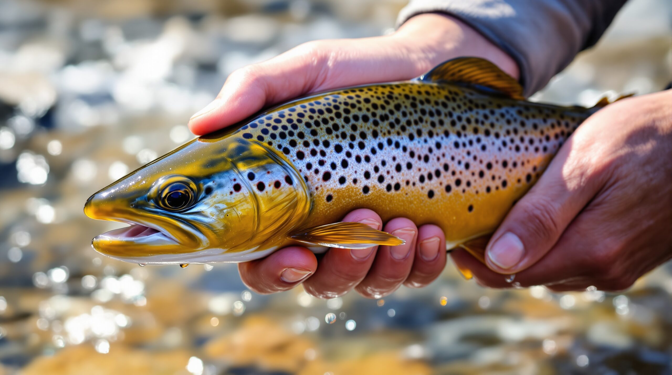 Hands holding spotted brown trout caught fly fishing in Chile, showing proper catch-and-release technique over river water