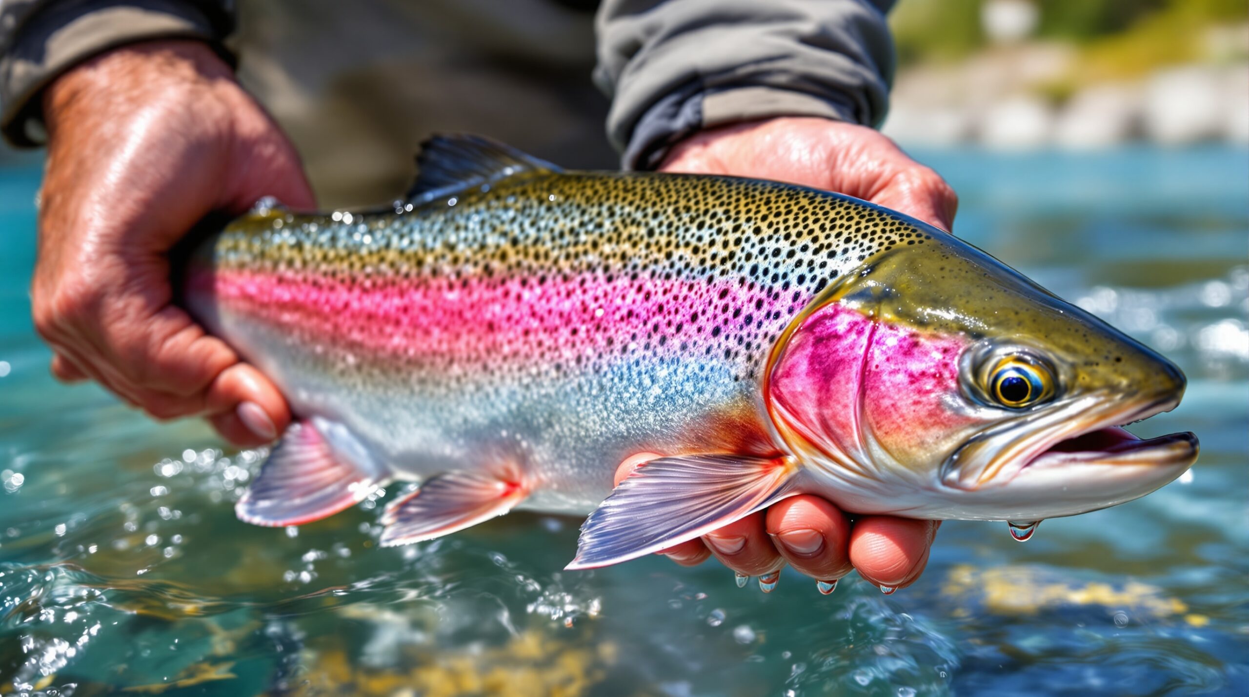 Angler's hands holding a vibrant rainbow trout caught fly fishing in Patagonia Argentina's pristine mountain waters