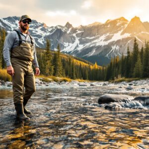 Fly fisherman in perfectly fitted chest-high waders standing waist-deep in mountain river with forest backdrop