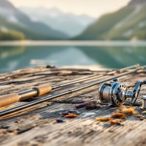 Complete fly fishing combo with rod, reel, and flies arranged on wooden dock beside mountain lake at golden hour