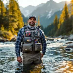 Angler wearing modern fly fishing vest with organized pockets stands in mountain stream during golden hour