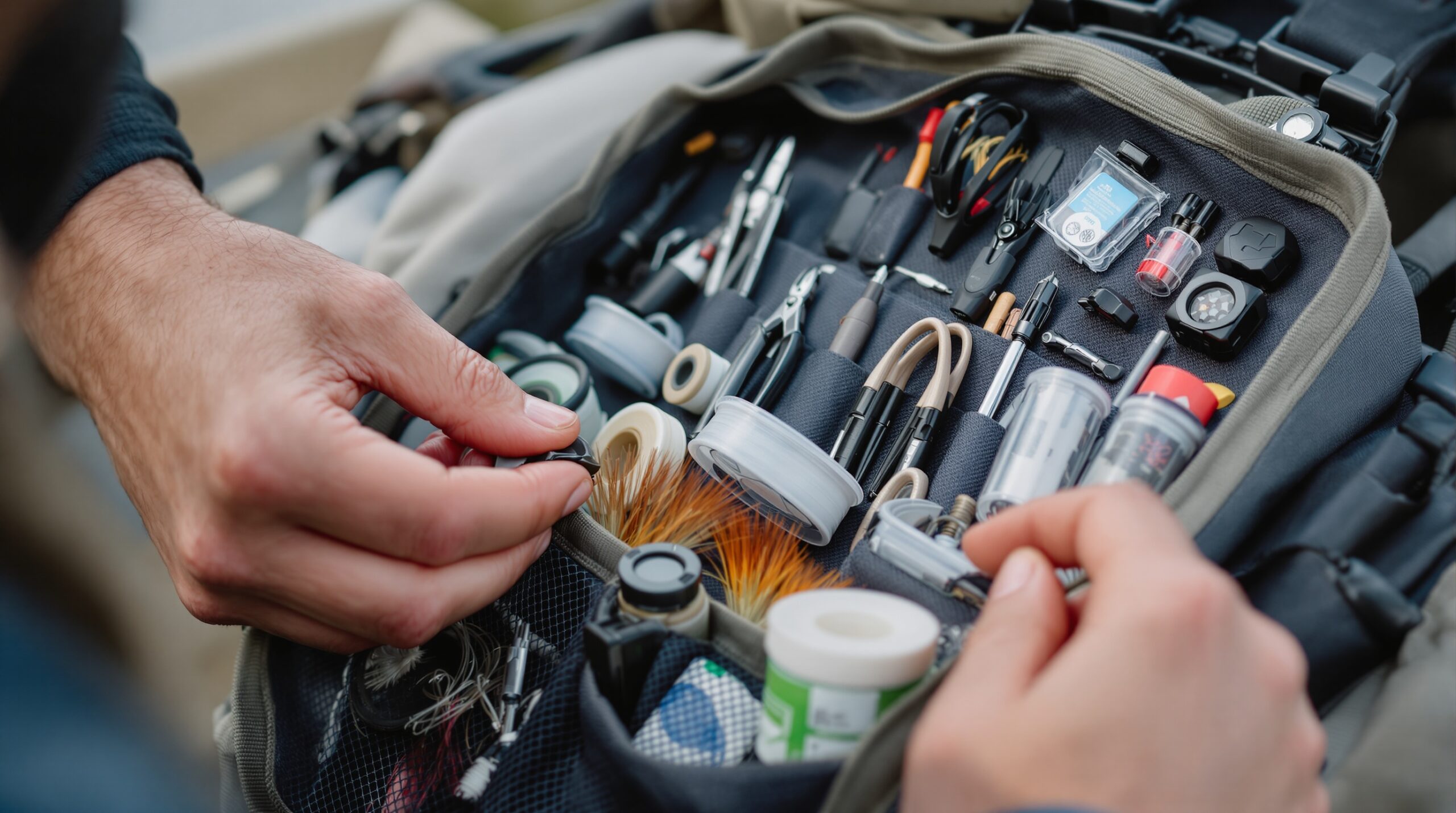 Hands organizing fly fishing gear in multiple pockets of a quality fishing vest with fly boxes and tools