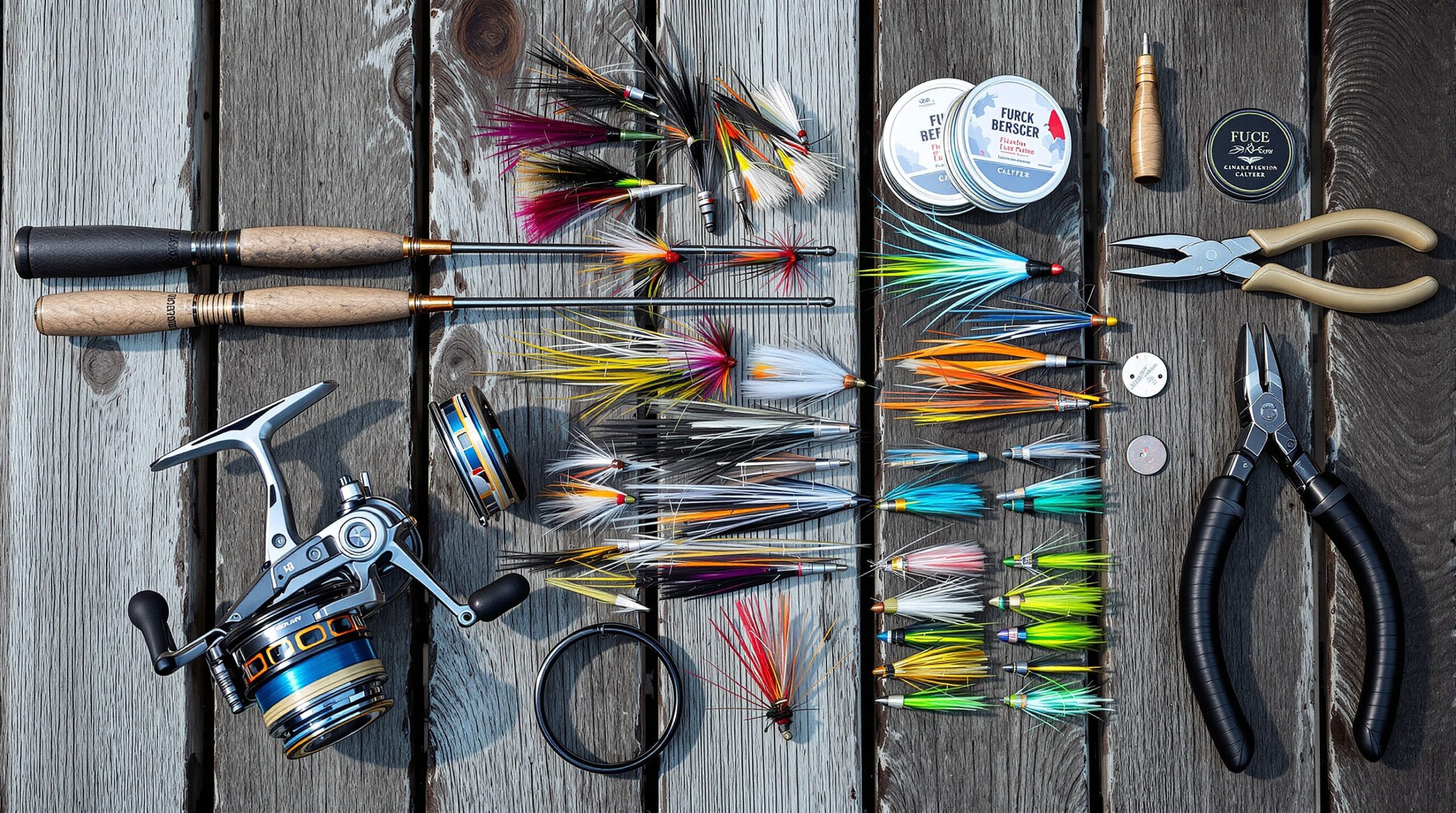 Premium saltwater fly fishing gear flat lay with reel, flies, leaders, and pliers on weathered dock planks