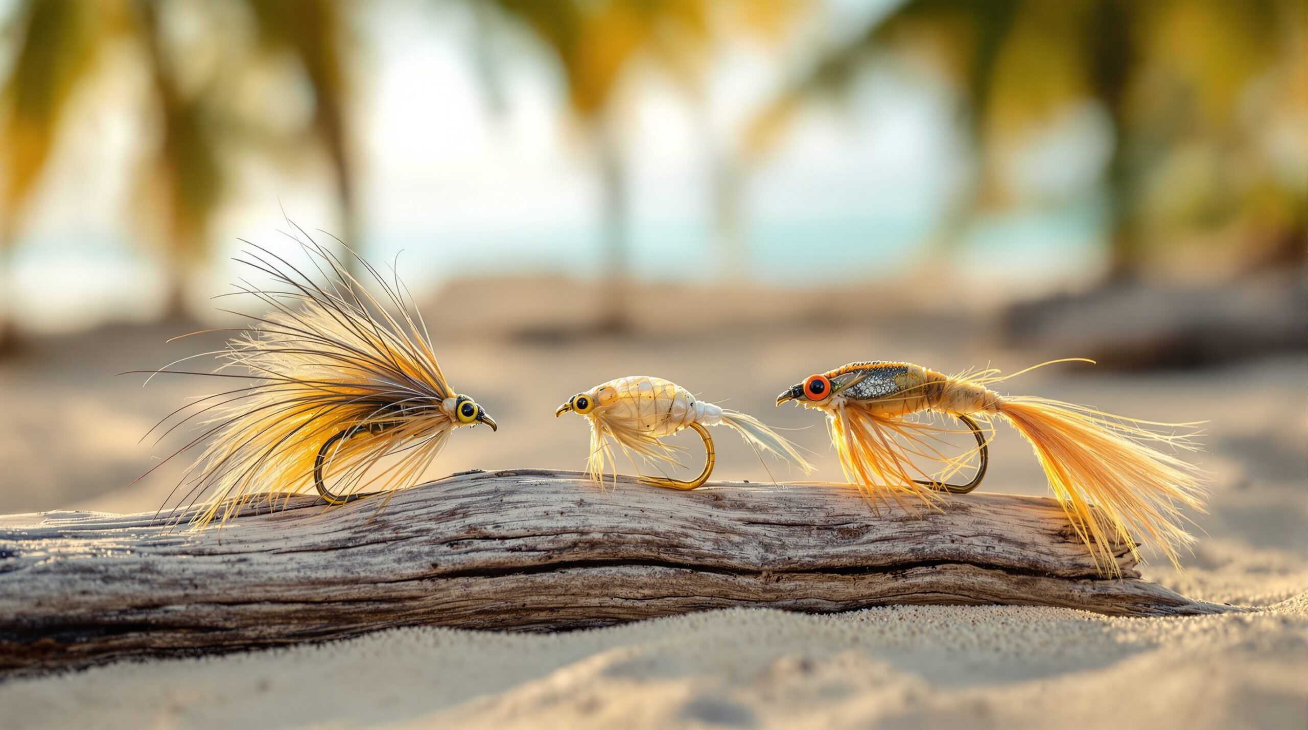 Three permit fly patterns on driftwood: weighted crab fly, shrimp imitation, and spawning shrimp with tropical beach backdrop