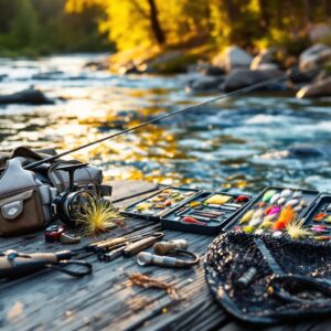 Essential Fly Fishing Equipment for Beginners Setup by Mountain Stream Complete Starter Gear Guide | Hooked on Fly Fishing Complete fly fishing equipment for beginners arranged on wooden dock beside mountain stream with clear water