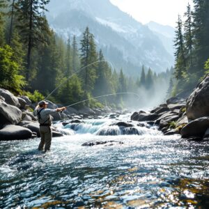 Angler casting fly fishing combo on mountain stream with granite boulders and pine forest backdrop