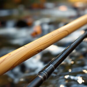 Close-up of bamboo fly fishing rod with honey-golden grain next to modern black graphite rod on river background