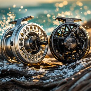 Two saltwater fly reels on driftwood - budget silver reel next to premium black reel with ocean spray background