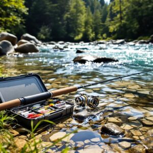 Expensive carbon fiber fly rod and tackle box abandoned on grassy bank beside pristine mountain trout stream