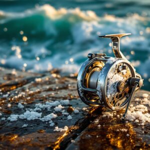 Corroded saltwater fly fishing reel with salt buildup on dock planks beside ocean waves showing damage from saltwater
