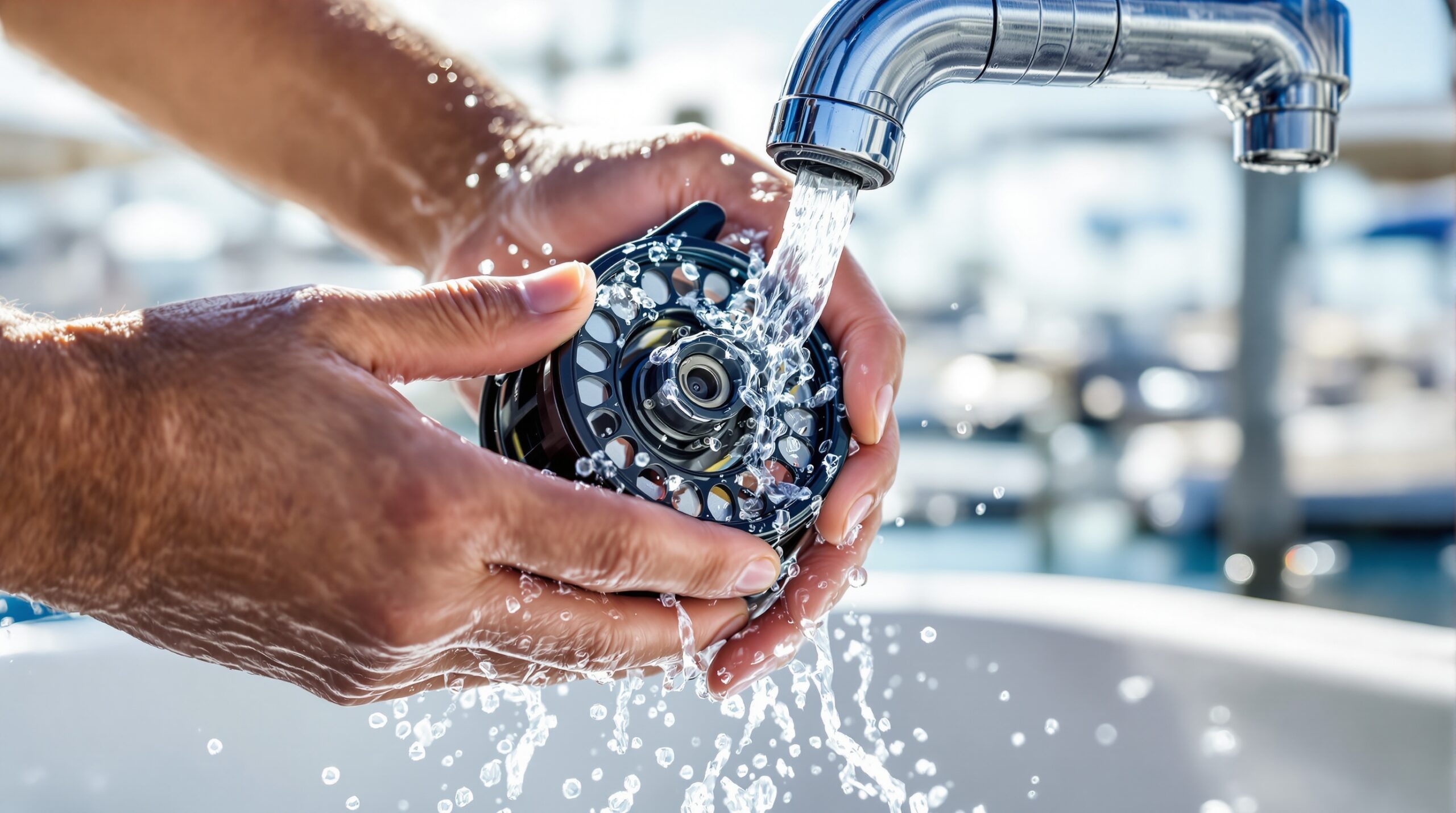 Angler rinsing saltwater fly fishing reel with fresh water at marina dock to prevent corrosion and mechanical damage