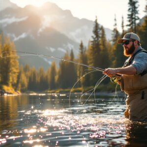 Beginner Fly Fisherman Struggling with Tangled Line in Beautiful Mountain Stream at Sunset | Hooked on Fly Fishing Frustrated beginner fly fisherman with tangled line in mountain stream during golden hour