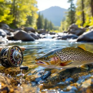 Brown trout in clear mountain stream with fly fishing reel and rod on rocky bank in soft focus