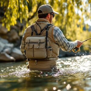 Fly fisherman mid-cast in mountain stream wearing traditional khaki fly fishing vest with multiple pockets and gear