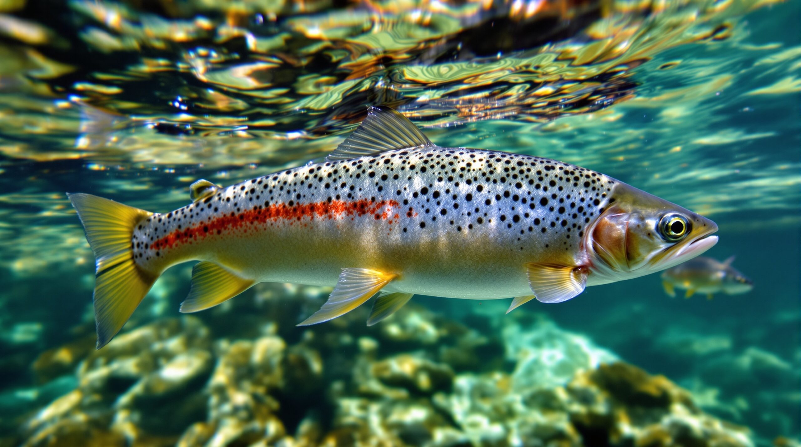 Native Yellowstone cutthroat trout with distinctive red markings swimming in crystal clear mountain stream